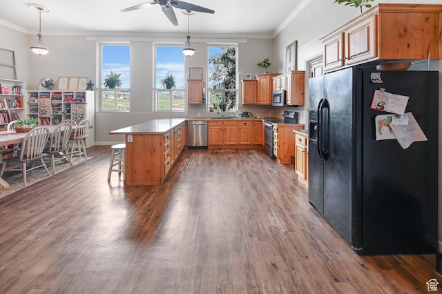 1518 E 9000 N, Preston, ID 83263 - kitchen with crown molding, ceiling fan, stainless steel appliances, light wood finished floors, and a peninsula