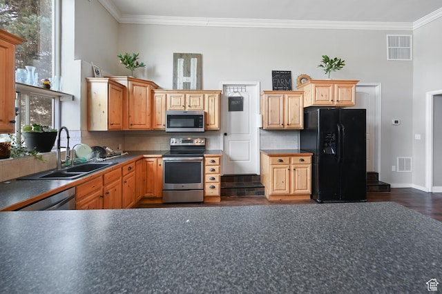 1518 E 9000 N, Preston, ID 83263 - kitchen with visible vents, appliances with stainless steel finishes, ornamental molding, and a sink