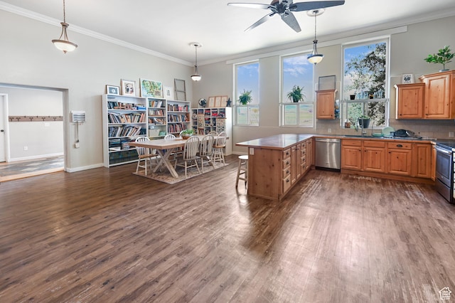 1518 E 9000 N, Preston, ID 83263 - kitchen featuring a peninsula, dark wood-style floors, ceiling fan, crown molding, and appliances with stainless steel finishes