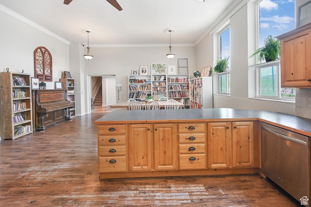 1518 E 9000 N, Preston, ID 83263 - kitchen featuring a ceiling fan, crown molding, hanging light fixtures, dishwasher, and dark wood-style flooring