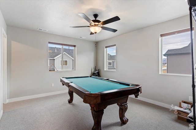 game room featuring visible vents, ceiling fan, carpet floors, and billiards