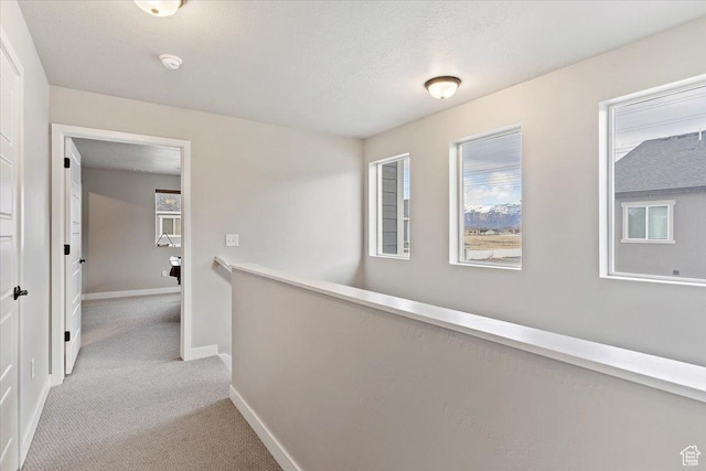hallway featuring baseboards, an upstairs landing, and carpet