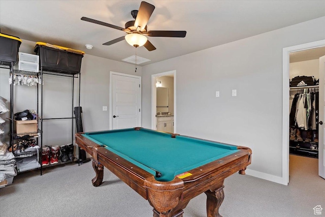 game room with a ceiling fan, carpet, and pool table