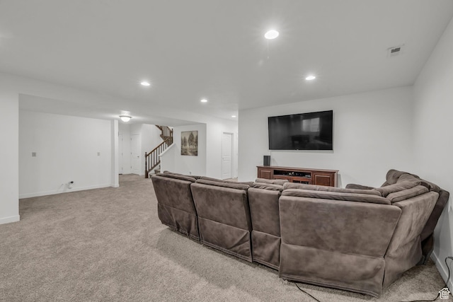 13456 S Rowell Dr, Herriman, UT 84096 - living room featuring recessed lighting, stairway, and carpet