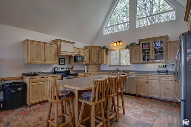 2310 S Sweetwater Pkwy Unit 5, Garden City, UT 84028 - kitchen with appliances with stainless steel finishes, high vaulted ceiling, a breakfast bar area, glass insert cabinets, and a center island