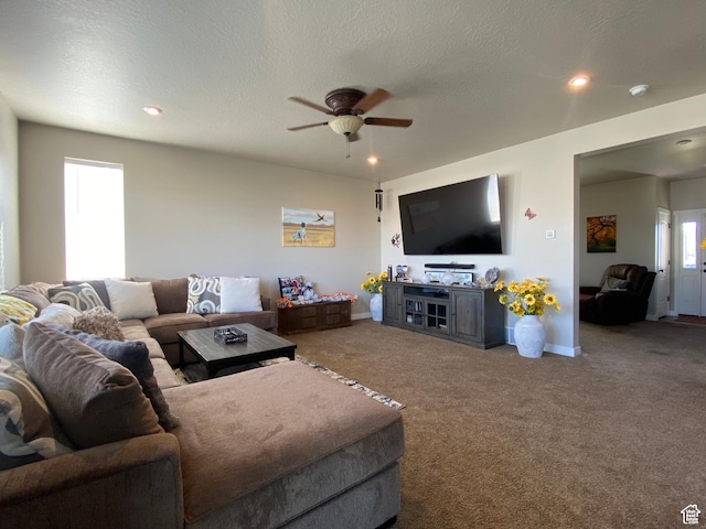 living room with ceiling fan, a healthy amount of sunlight, carpet floors, and a textured ceiling