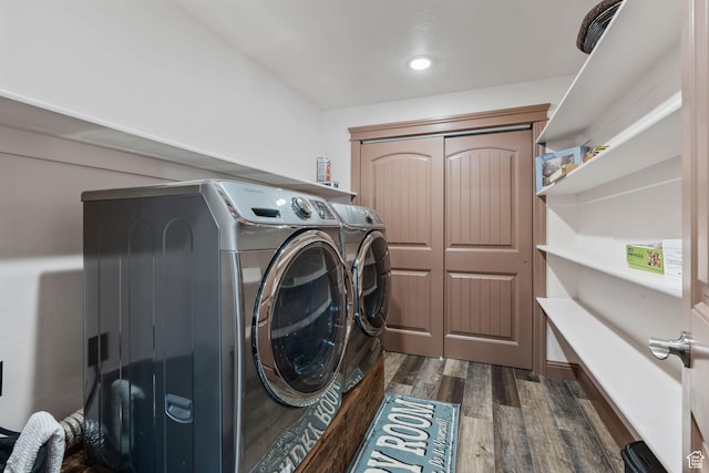 2923 S Country Club Way Unit 46, Garden City, UT 84028 - washroom featuring washing machine and dryer, dark wood-style flooring, and recessed lighting