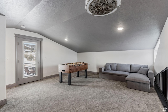 2923 S Country Club Way Unit 46, Garden City, UT 84028 - recreation room with carpet flooring, lofted ceiling, a textured ceiling, and baseboards