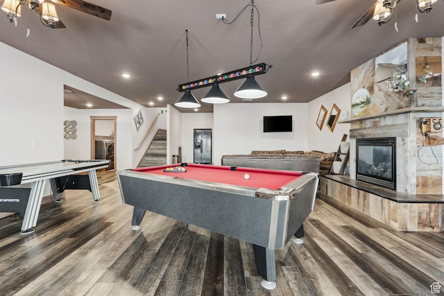 2923 S Country Club Way Unit 46, Garden City, UT 84028 - recreation room with wood finished floors, billiards, ceiling fan, a stone fireplace, and recessed lighting