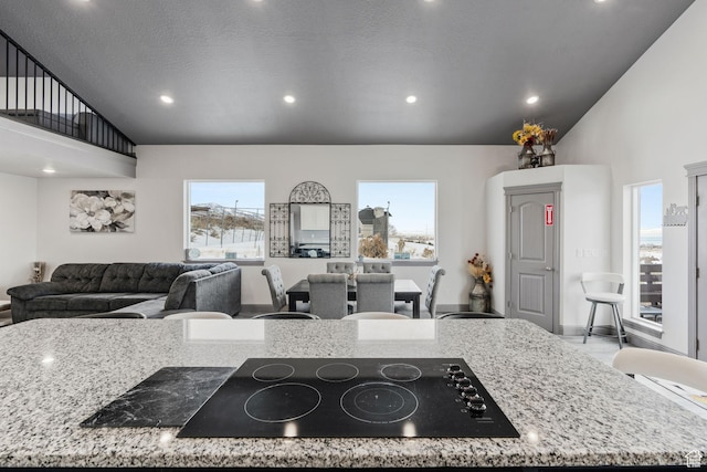 2923 S Country Club Way Unit 46, Garden City, UT 84028 - kitchen with recessed lighting, light stone counters, open floor plan, and high vaulted ceiling