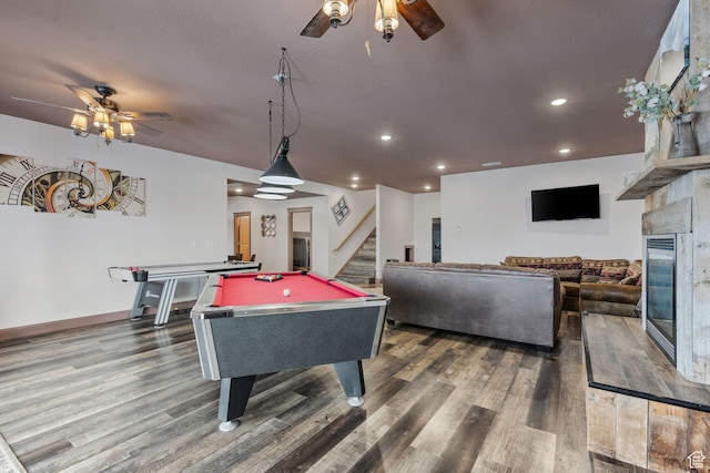 2923 S Country Club Way Unit 46, Garden City, UT 84028 - recreation room with ceiling fan, wood finished floors, billiards table, recessed lighting, and a glass covered fireplace