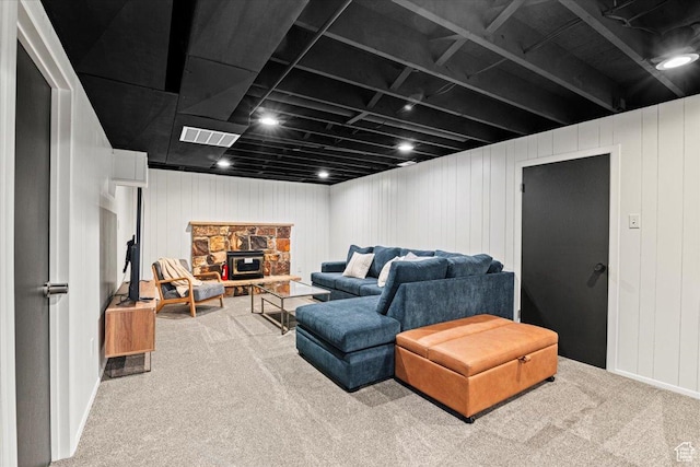2660 W 10950 S, South Jordan, UT 84095 - living room featuring carpet flooring and a wood stove