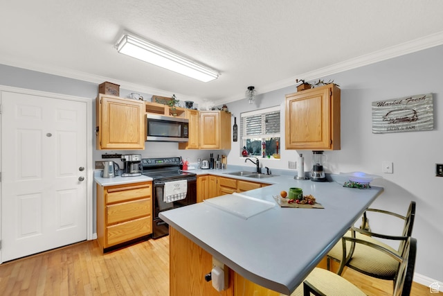 556 W 1050 N, Pleasant Grove, UT 84062 - kitchen featuring a peninsula, stainless steel microwave, a sink, a kitchen breakfast bar, and electric range