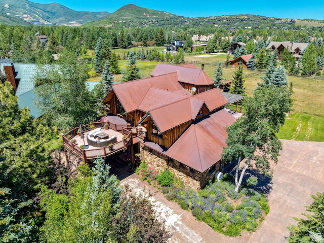 drone / aerial view featuring a mountain view