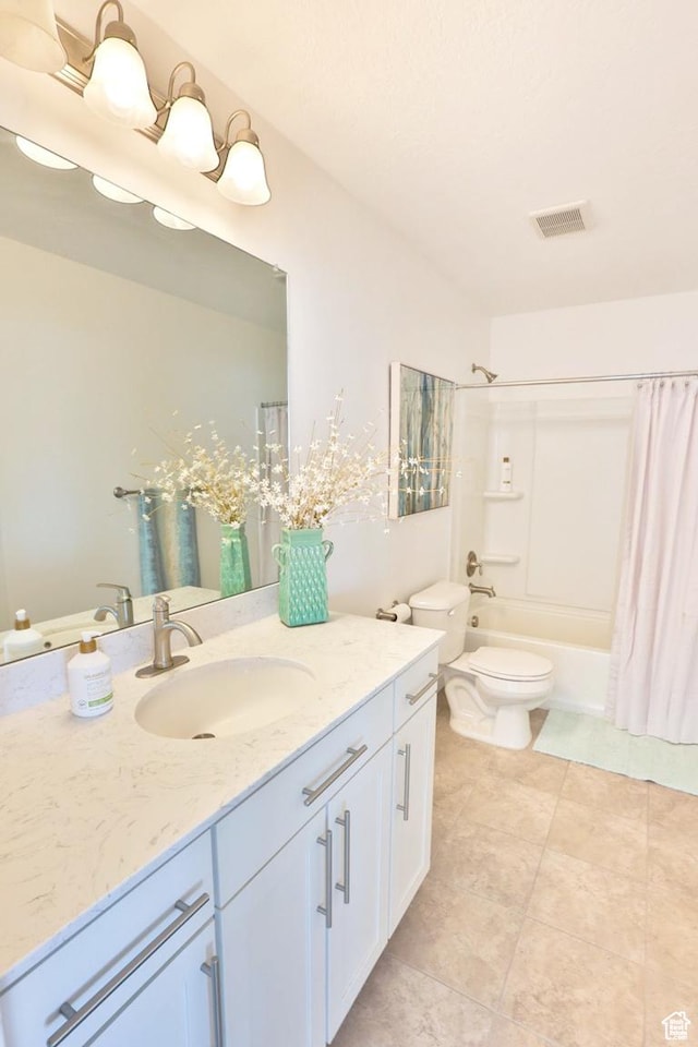 3234 S Iron Hill Cir S, Saratoga Springs, UT 84045 - bathroom with toilet, shower / bath combo with shower curtain, vanity, and tile patterned floors