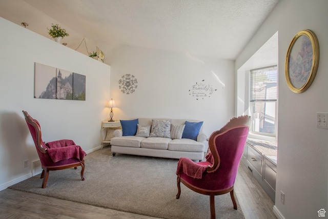 living room featuring baseboards, wood finished floors, and lofted ceiling