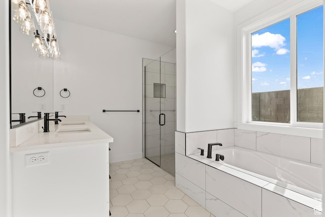 2149 W 3930 S, Hurricane, UT 84737 - full bathroom with a shower stall, a bath, tile patterned floors, and double vanity