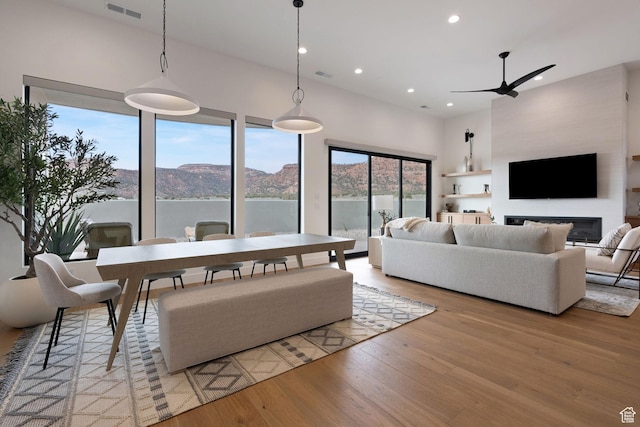 living room featuring ceiling fan and light wood-type flooring
