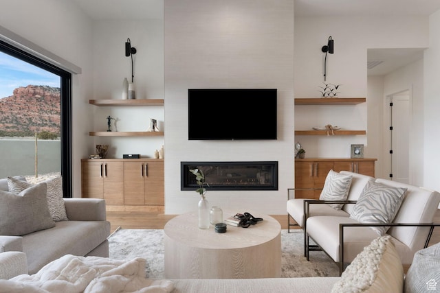 living room with a large fireplace and light wood-type flooring