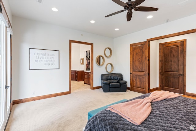 2712 S Rio Vista Dr, St George, UT 84790 - bedroom featuring light carpet, ensuite bathroom, and ceiling fan