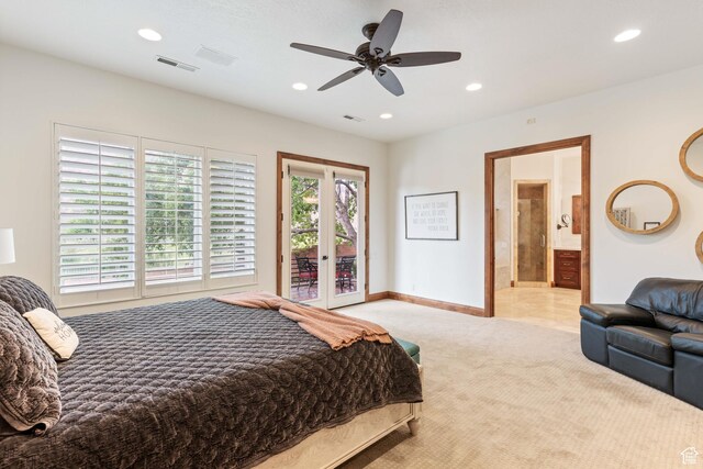 2712 S Rio Vista Dr, St George, UT 84790 - carpeted bedroom featuring ceiling fan, access to exterior, and ensuite bath