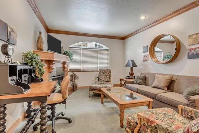 carpeted home office with a fireplace, a textured ceiling, and ornamental molding
