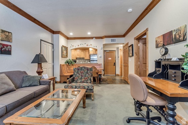 living room with crown molding and carpet floors