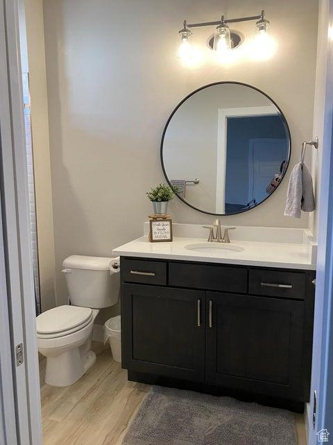 bathroom featuring hardwood / wood-style floors, vanity, and toilet