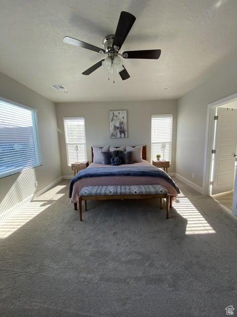 carpeted bedroom featuring multiple windows, ceiling fan, and a textured ceiling