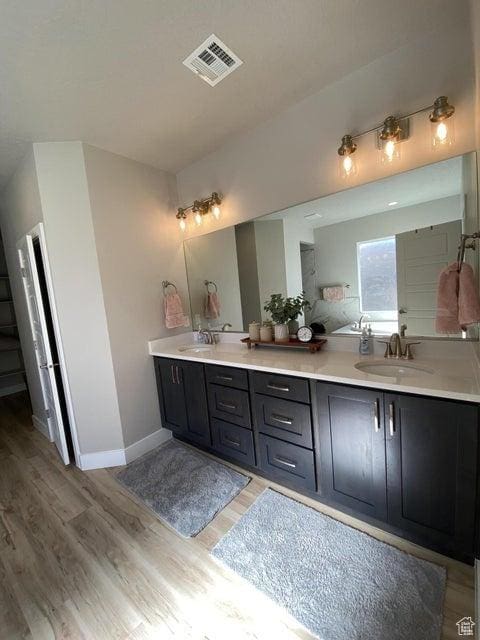 bathroom with wood-type flooring and vanity