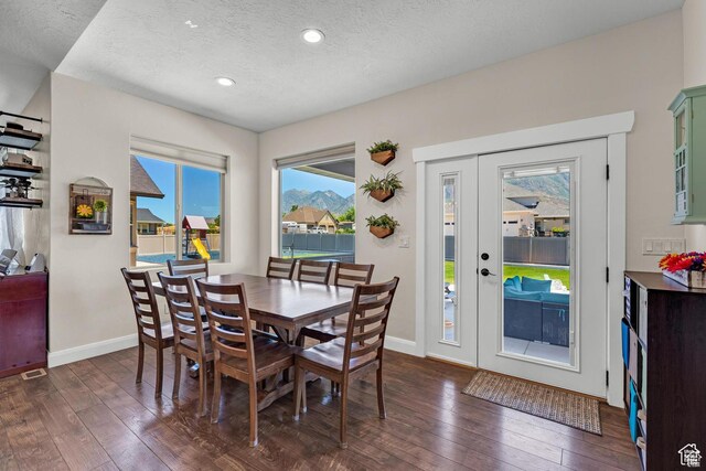 dining room with dark wood-type flooring and a textured ceiling
