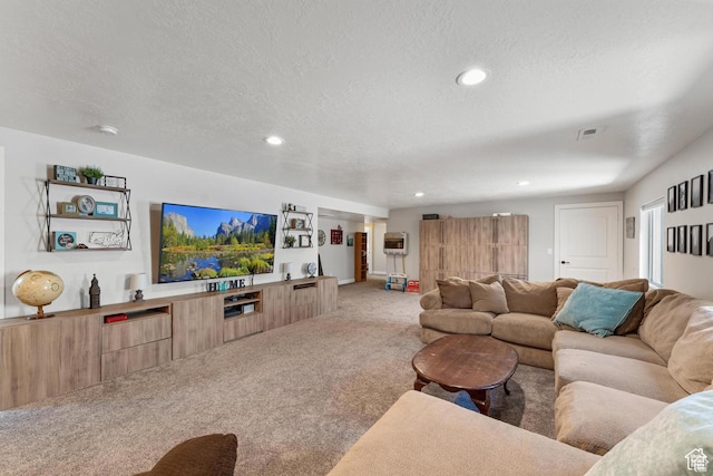 living room featuring carpet flooring and a textured ceiling