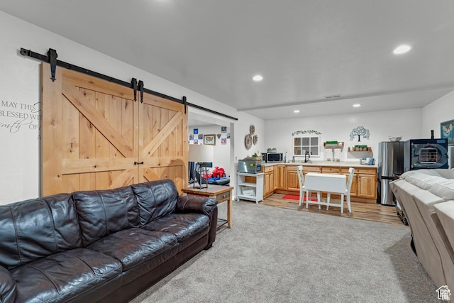 living room featuring a barn door, light carpet, and sink