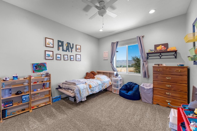 bedroom featuring carpet flooring and ceiling fan