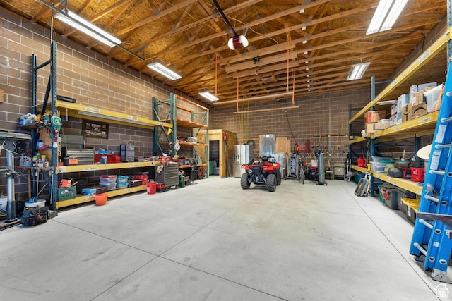 garage with a workshop area