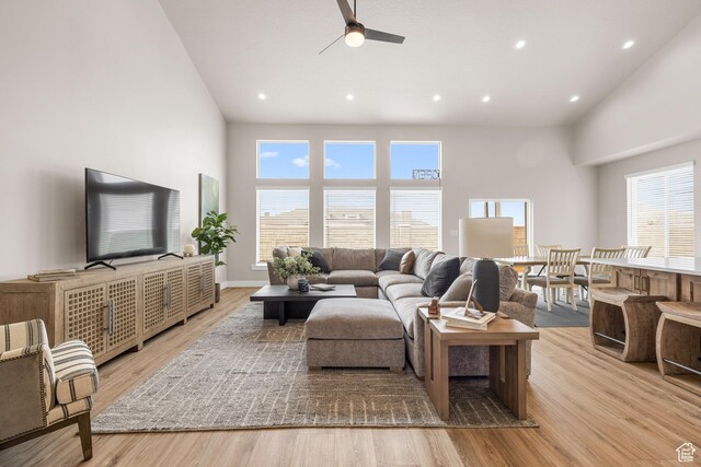 525 N 1550 W Unit Ge01, Mapleton, UT 84664 - living area featuring light wood-style floors, recessed lighting, high vaulted ceiling, and a ceiling fan