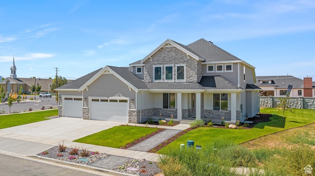 craftsman inspired home featuring a garage, stone siding, a residential view, a porch, and a front yard