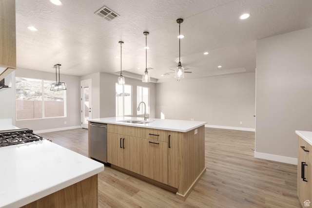 2227 W 320 S, Hurricane, UT 84737 - kitchen featuring ceiling fan, sink, stainless steel appliances, light hardwood / wood-style flooring, and a kitchen island with sink