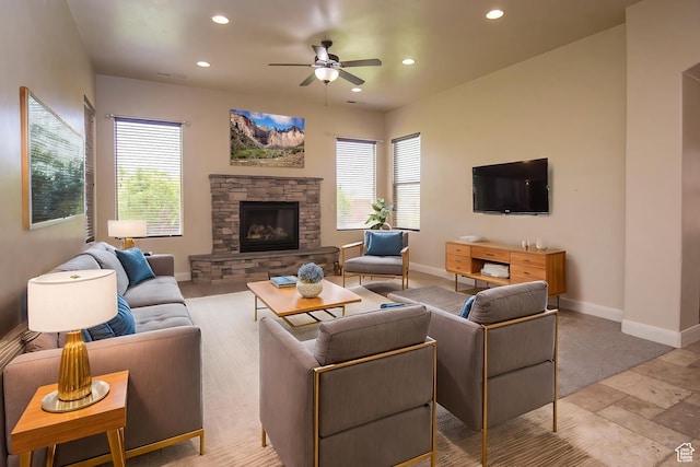 2596 S Little Valley Rd, St George, UT 84790 - living room featuring a fireplace and ceiling fan