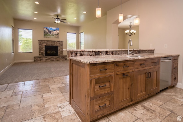 2596 S Little Valley Rd, St George, UT 84790 - kitchen featuring decorative light fixtures, dishwasher, ceiling fan with notable chandelier, and a wealth of natural light