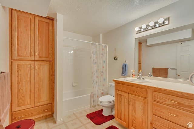 10976 Quartz Dr, South Jordan, UT 84095 - bathroom with toilet, a textured ceiling, shower / bath combo with shower curtain, vanity, and tile patterned floors