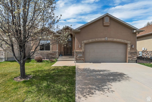 10976 Quartz Dr, South Jordan, UT 84095 - view of front of property featuring concrete driveway, a front yard, stucco siding, and a garage