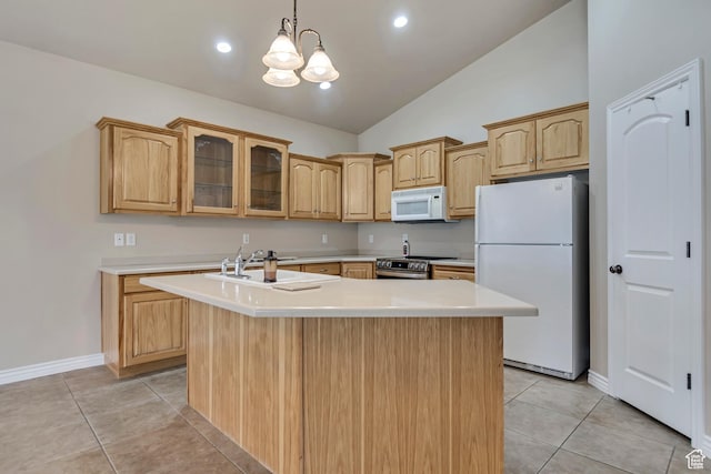 10976 Quartz Dr, South Jordan, UT 84095 - kitchen featuring glass insert cabinets, light countertops, white appliances, a center island with sink, and light tile patterned flooring