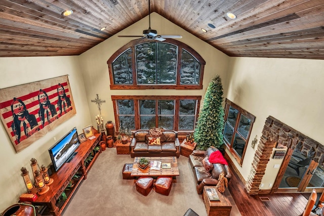 9049 N Timphaven Rd, Sundance, UT 84604 - living room with ceiling fan, wood ceiling, and high vaulted ceiling