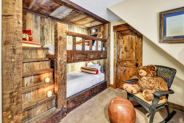 9049 N Timphaven Rd, Sundance, UT 84604 - bedroom featuring carpet flooring, wooden walls, and wood ceiling