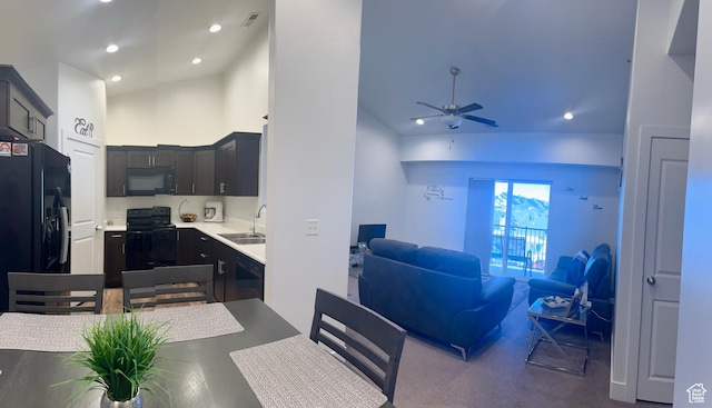 dining space featuring recessed lighting, visible vents, high vaulted ceiling, and ceiling fan