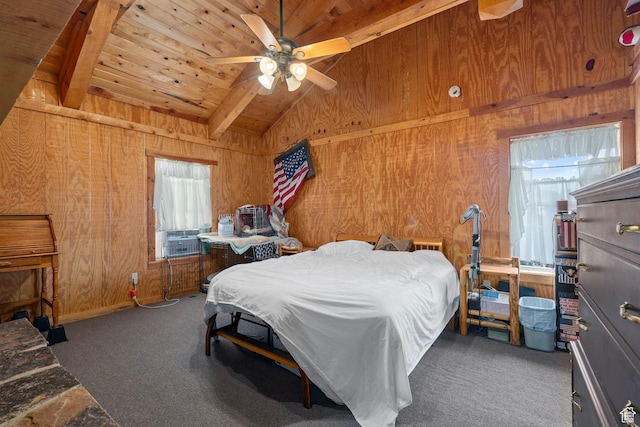 carpeted bedroom with cooling unit, ceiling fan, lofted ceiling with beams, wooden ceiling, and wood walls