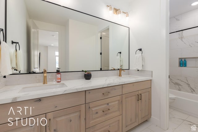 3235 S Retreat Dr, Hurricane, UT 84737 - full bathroom with vanity, toilet, and tiled shower / bath combo
