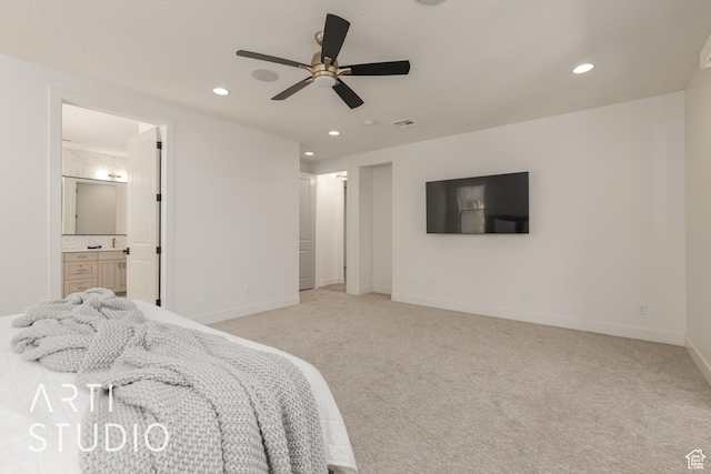 3235 S Retreat Dr, Hurricane, UT 84737 - bedroom featuring light carpet, connected bathroom, and ceiling fan