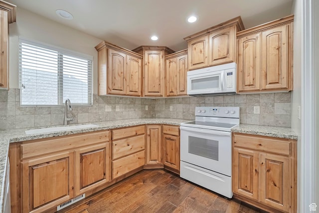 893 N 400 E, Springville, UT 84663 - kitchen with white appliances, light brown cabinets, dark wood-style floors, light stone counters, and recessed lighting